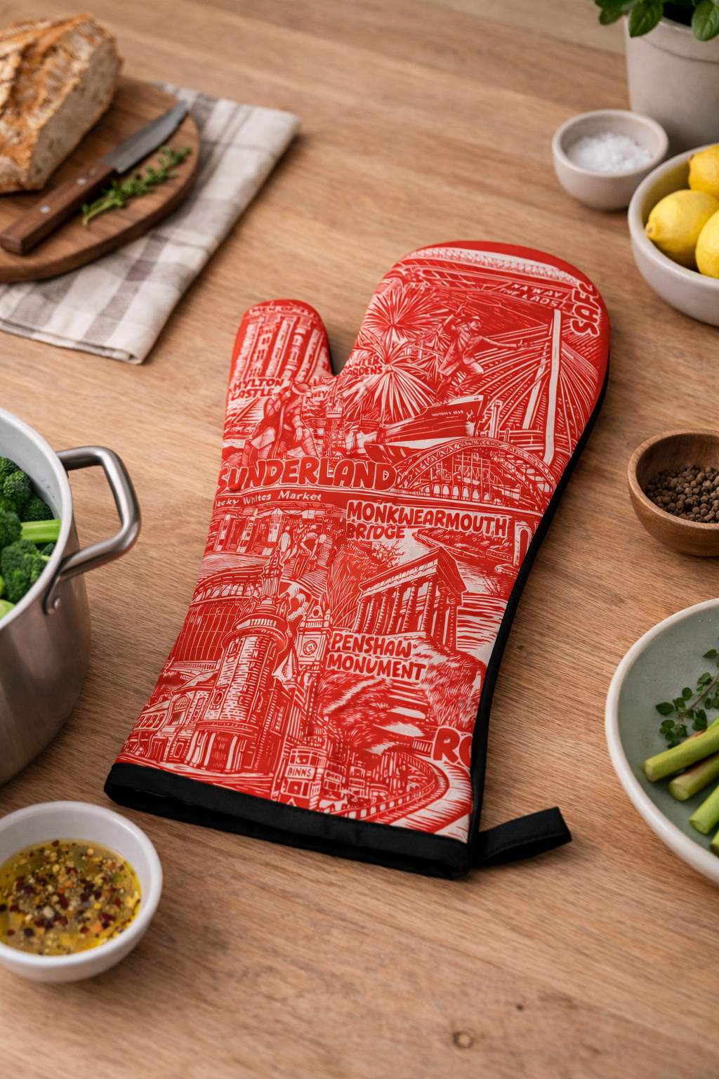 Illustrated regional oven mit in kitchen scene