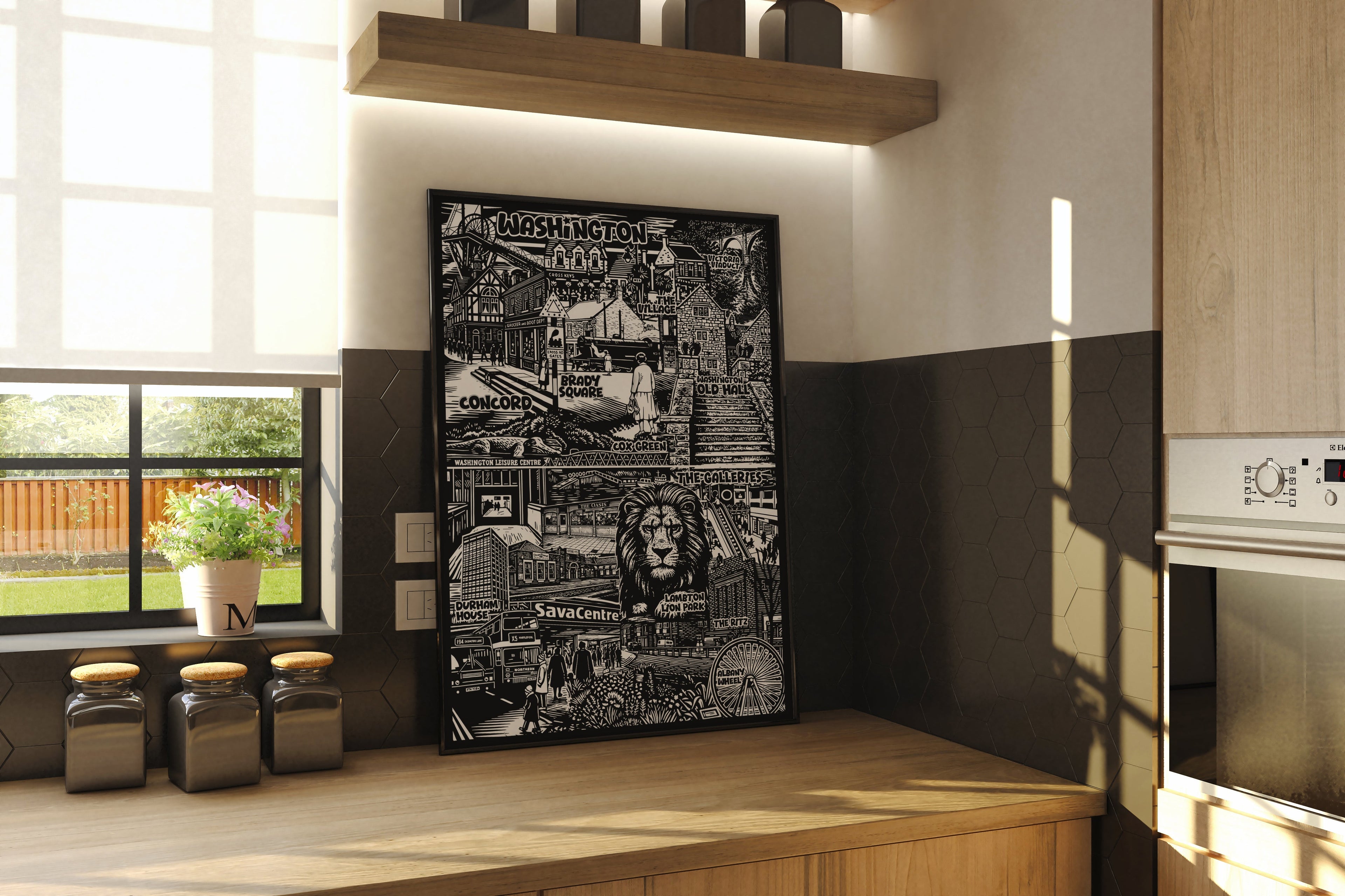 framed black and white illustration Kitchen print