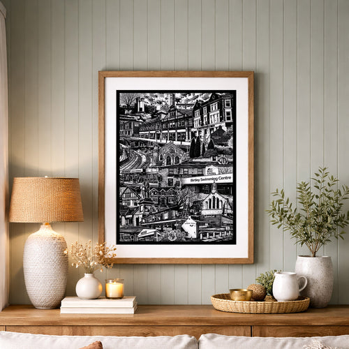 Living room with a sofa, lamp, and framed artwork on a wooden shelf.