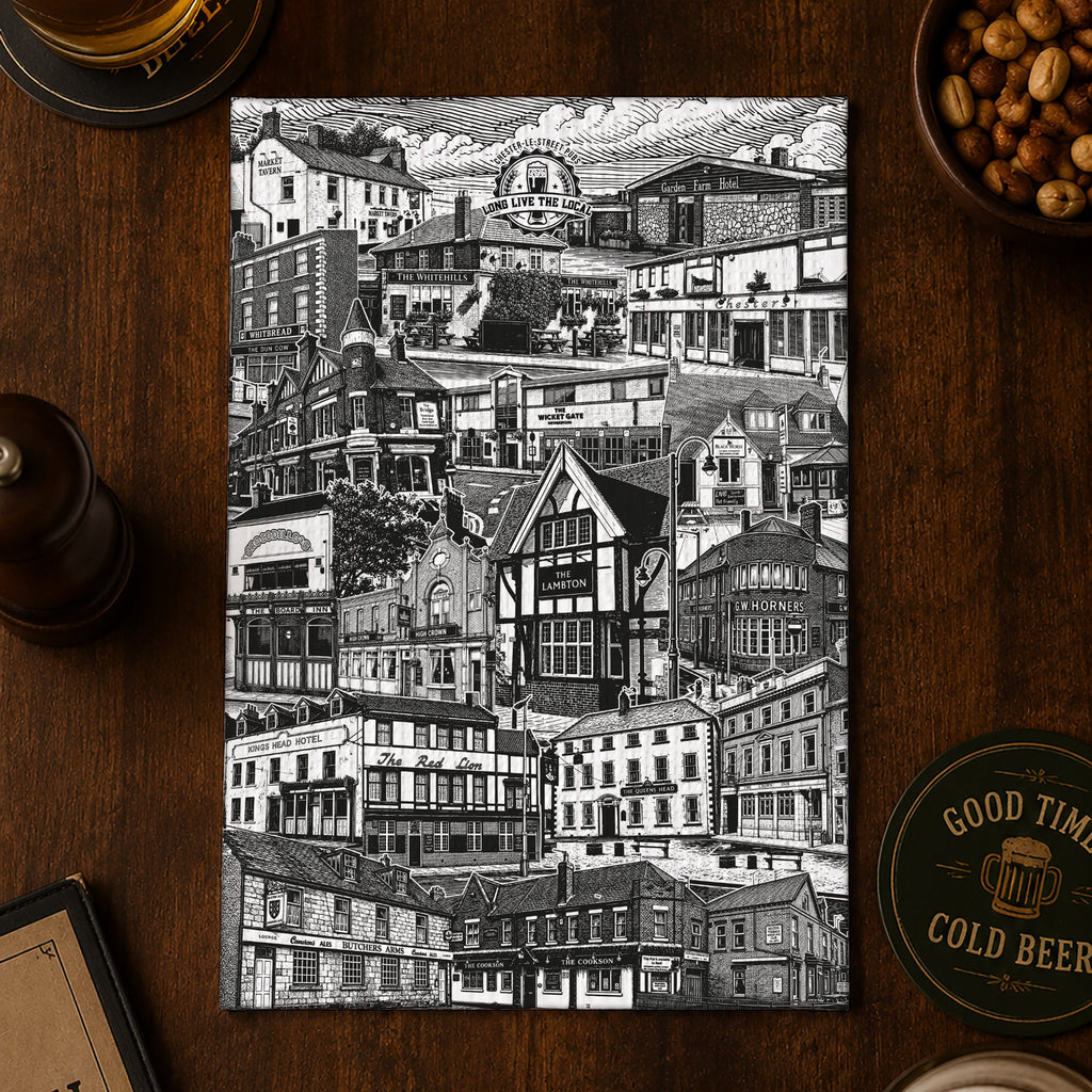 Black and white cityscape print on a wooden table with drinks and a menu.