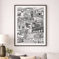 A framed black and white hand-drawn cityscape poster of Horbury hanging on a light gray wall above a modern sofa in a styled living room.
