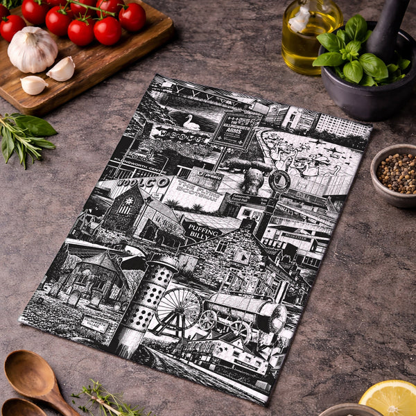 Black and white collage placemat on a rustic kitchen counter with ingredients.