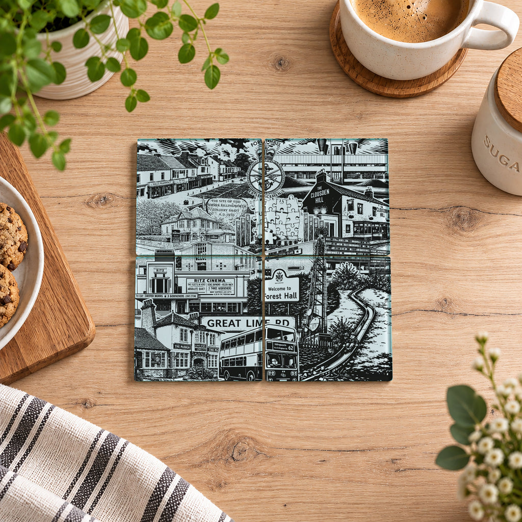 A square ceramic tile coaster featuring a black and white illustration of a vintage street scene with a double-decker bus 