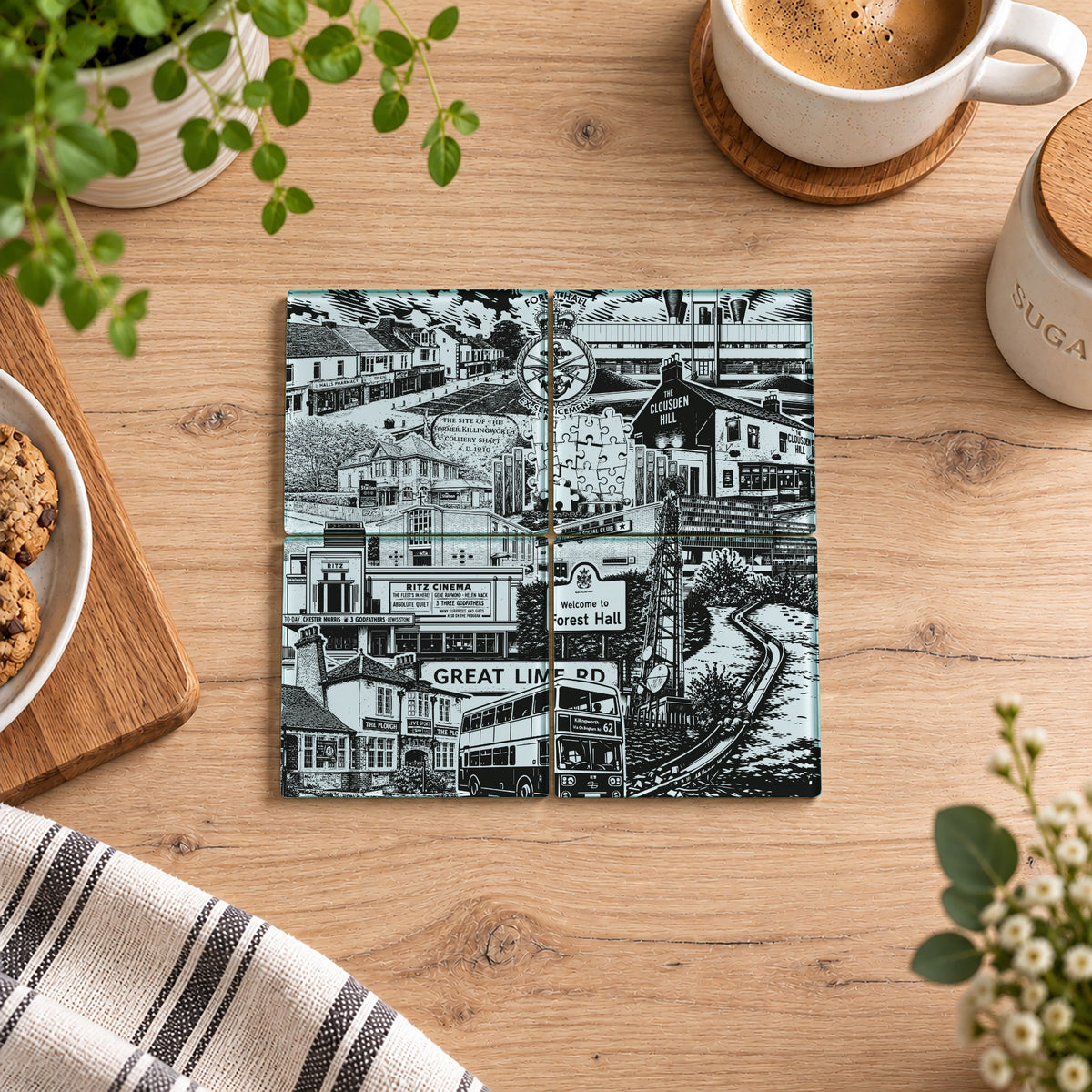 A square ceramic tile coaster featuring a black and white illustration of a vintage street scene with a double-decker bus 