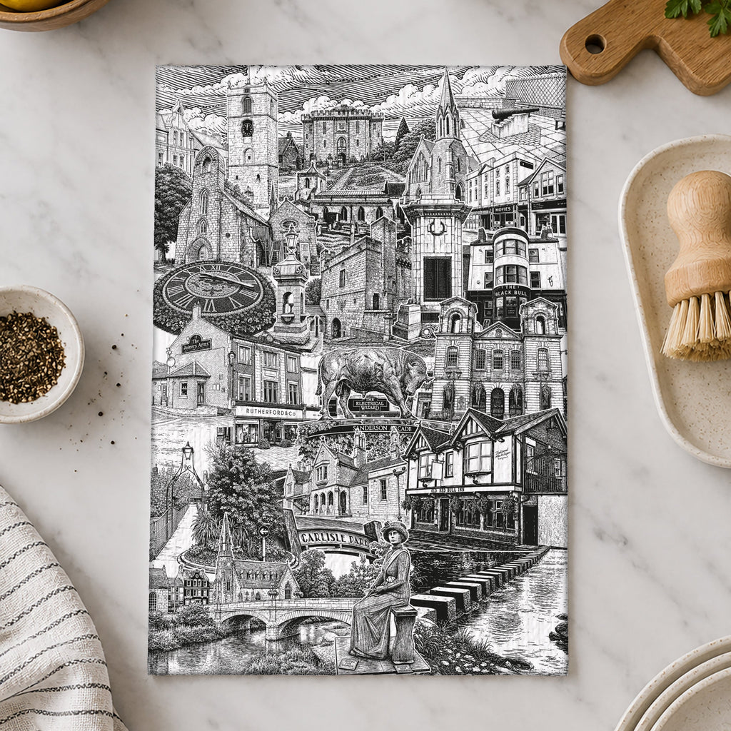 Morpeth tea towel featuring local landmarks, historic buildings and businesses