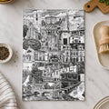 Morpeth tea towel featuring local landmarks, historic buildings and businesses