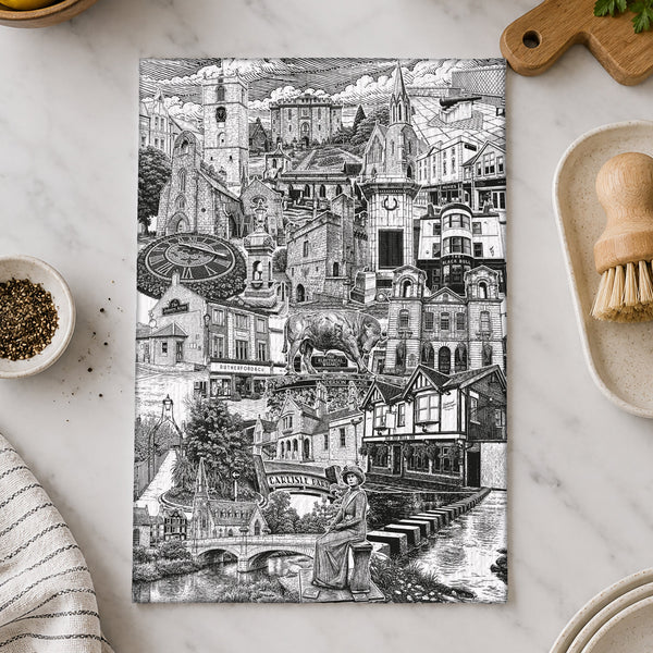 Morpeth tea towel featuring local landmarks, historic buildings and businesses