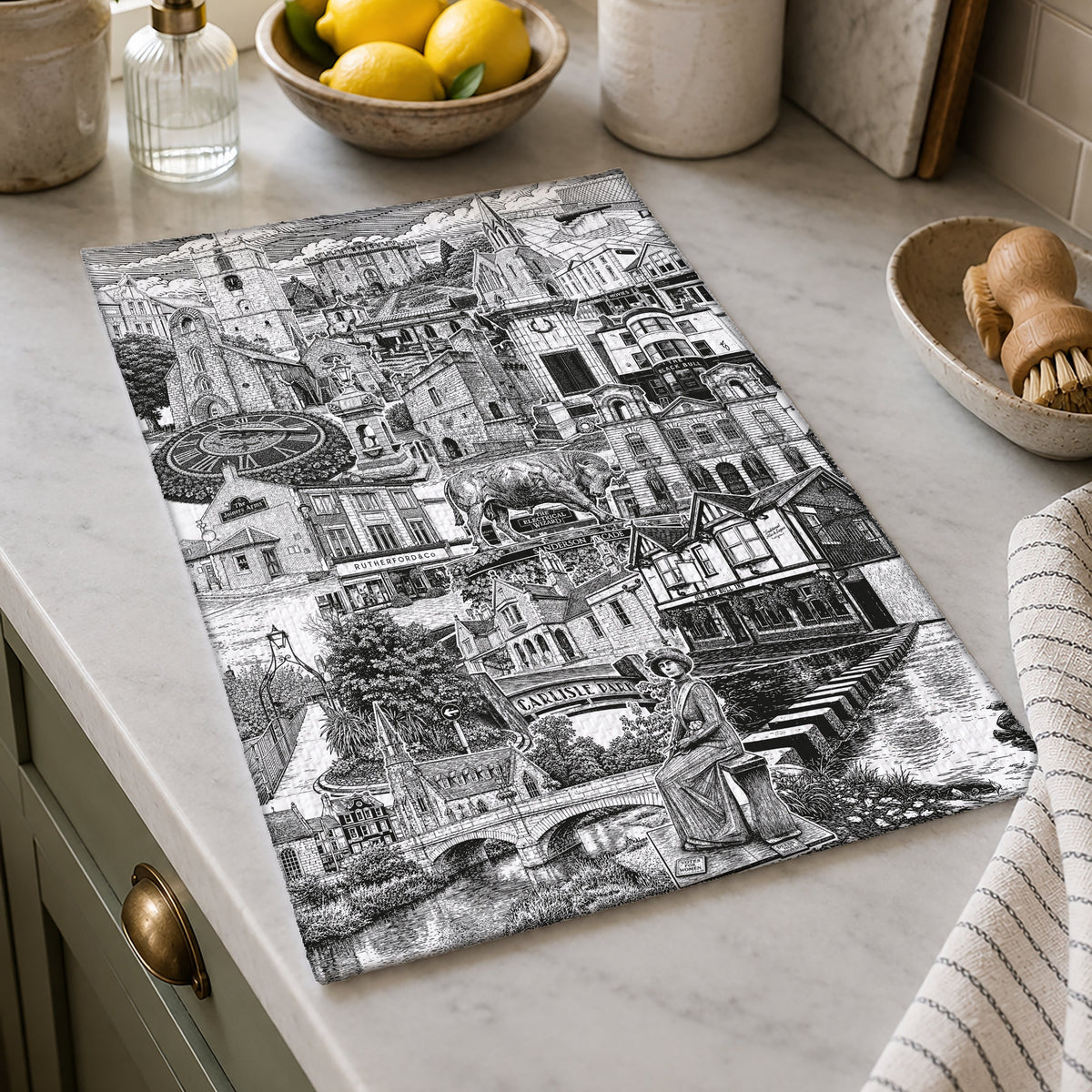 Morpeth tea towel featuring local landmarks, historic buildings and businesses