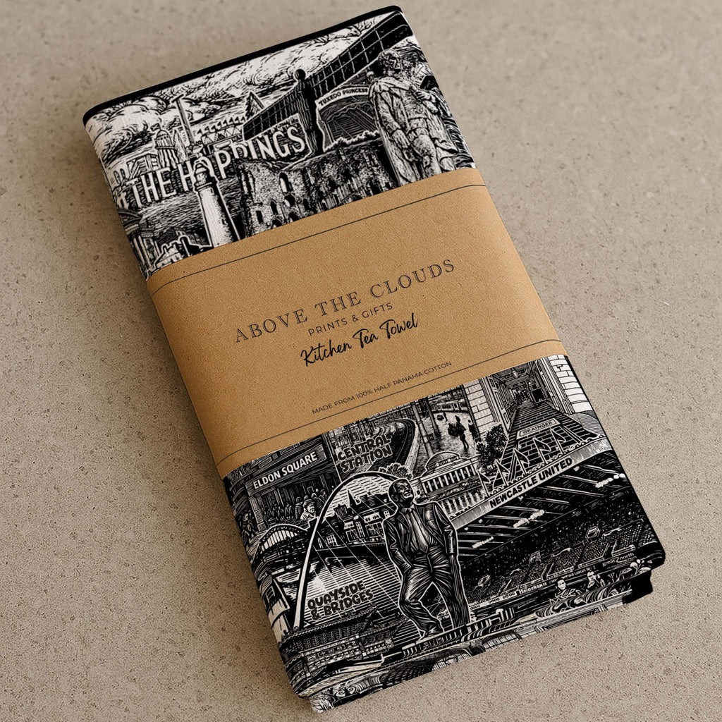 Black and white decorative towel with illustrations for kitchen