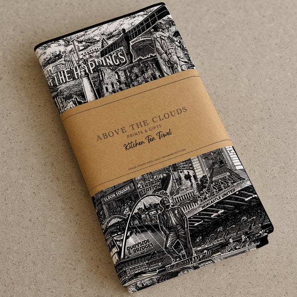 Black and white decorative towel with illustrations for kitchen