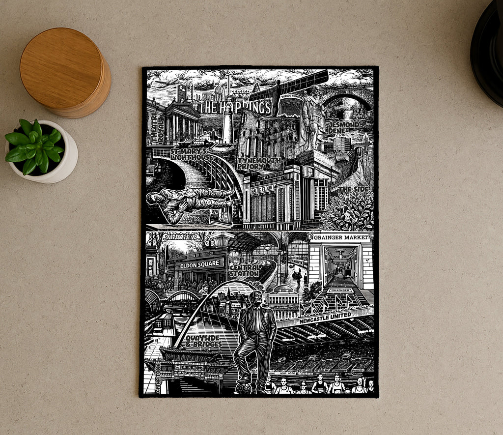 Black and white collage of urban scenes on a beige wall with a plant and wooden object.