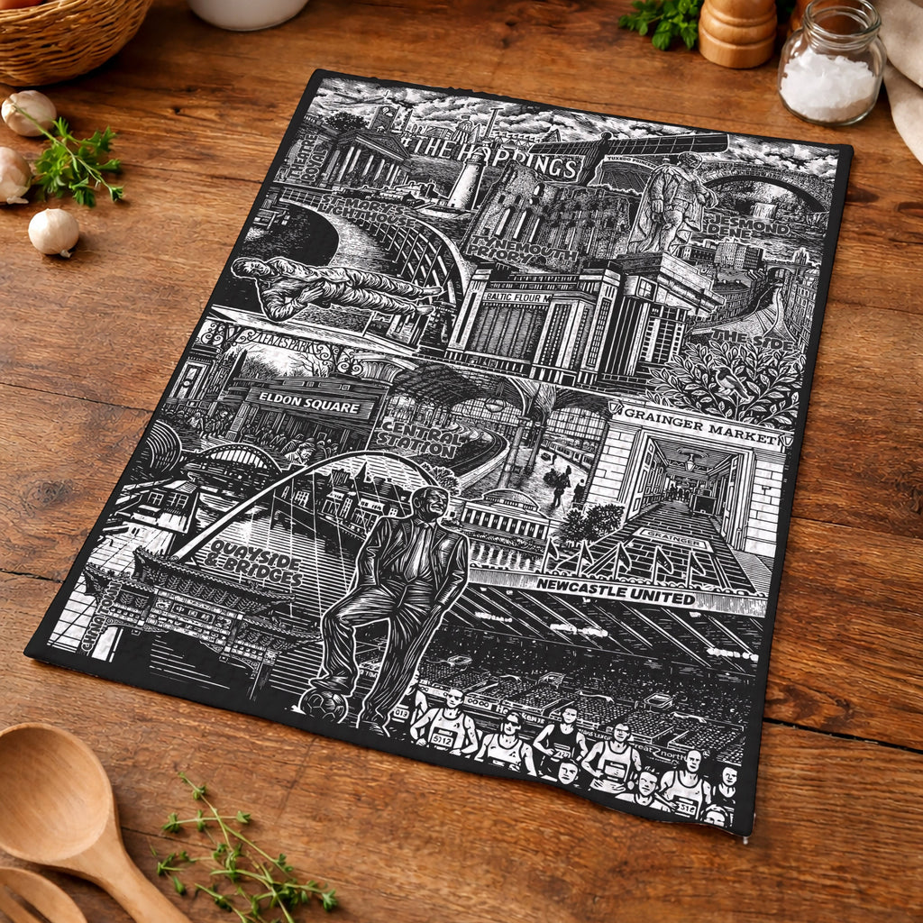 Black and white collage of urban scenes on a wooden bench with kitchen items