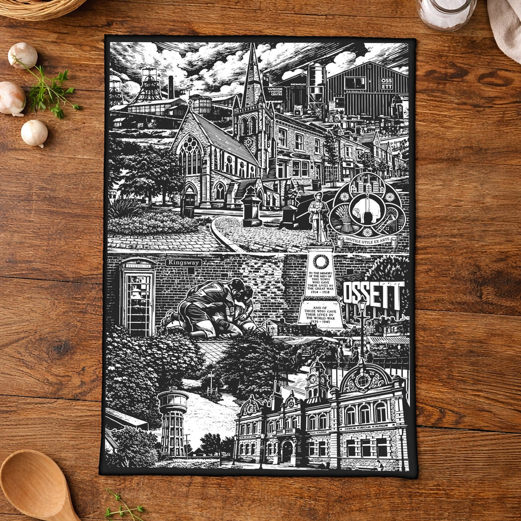 Black and white image tea towel in rustic kitchen
