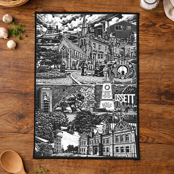 Black and white image tea towel in rustic kitchen