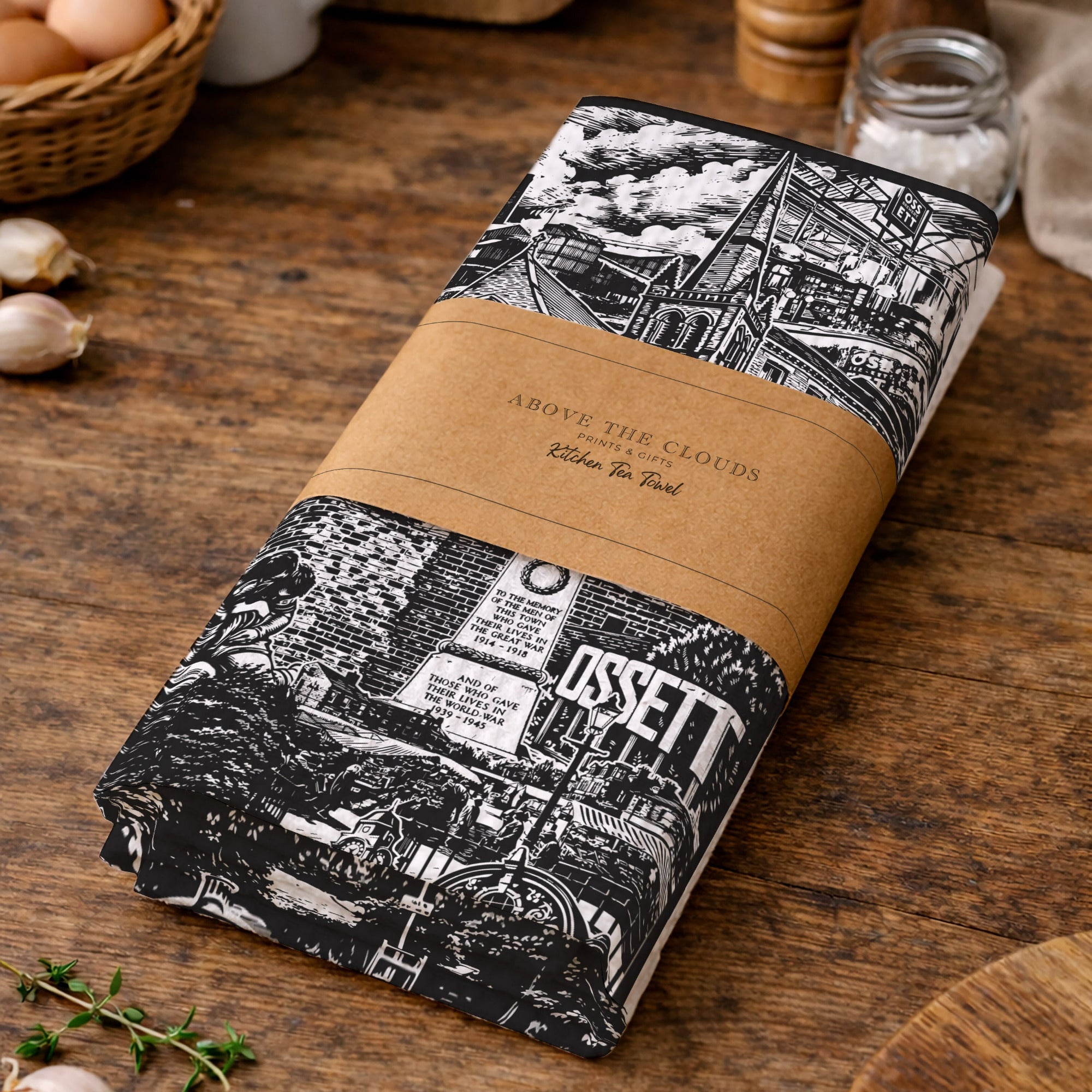 Black and white image tea towel in rustic kitchen