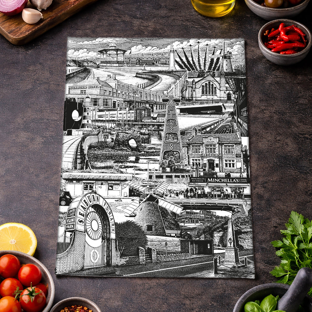 Black and white cityscape illustration on a dark surface with ingredients around