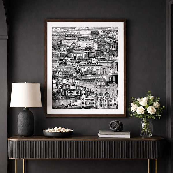 Modern interior with a dark wall, wooden console table, and framed artwork.