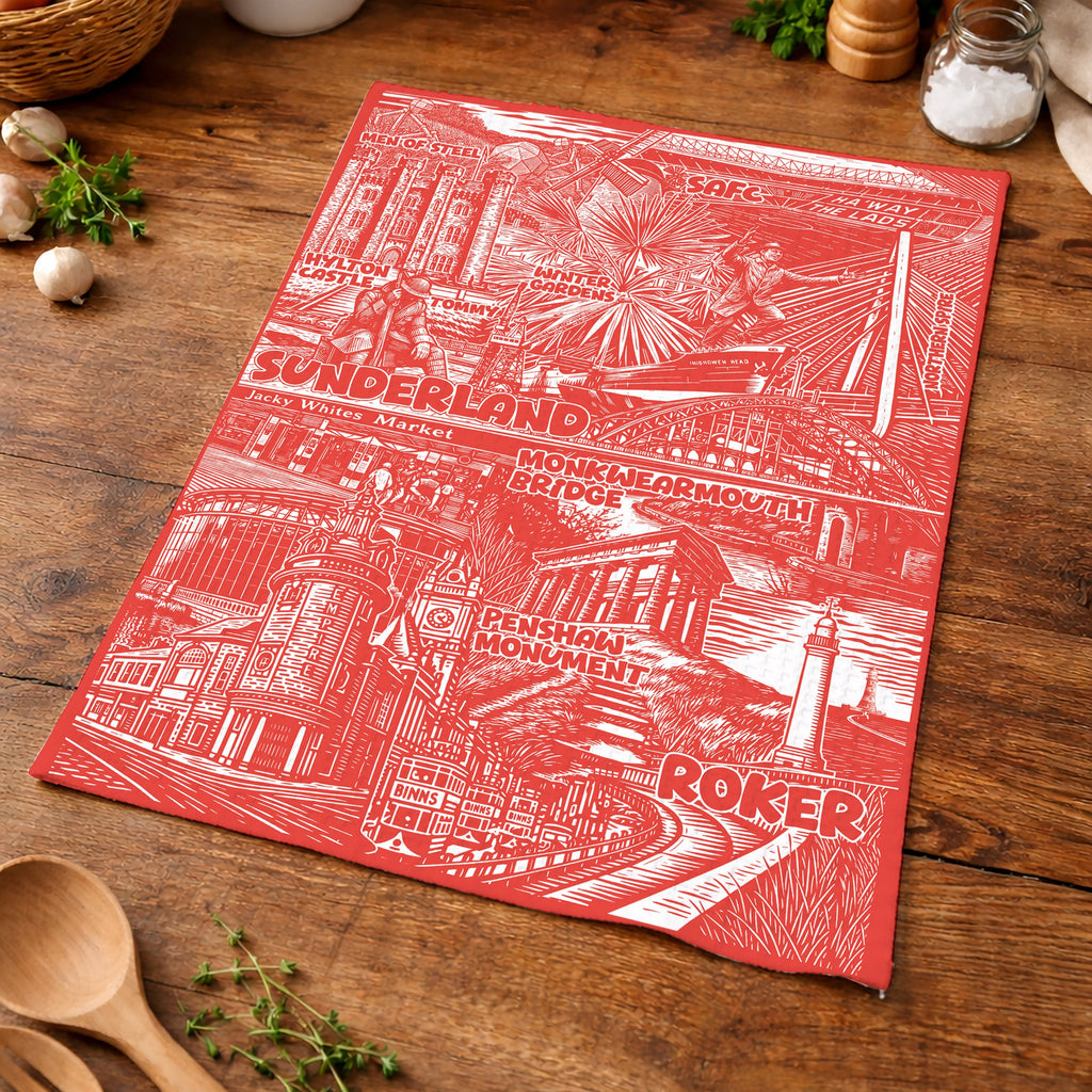 Red and white patterned fabric on a wooden surface