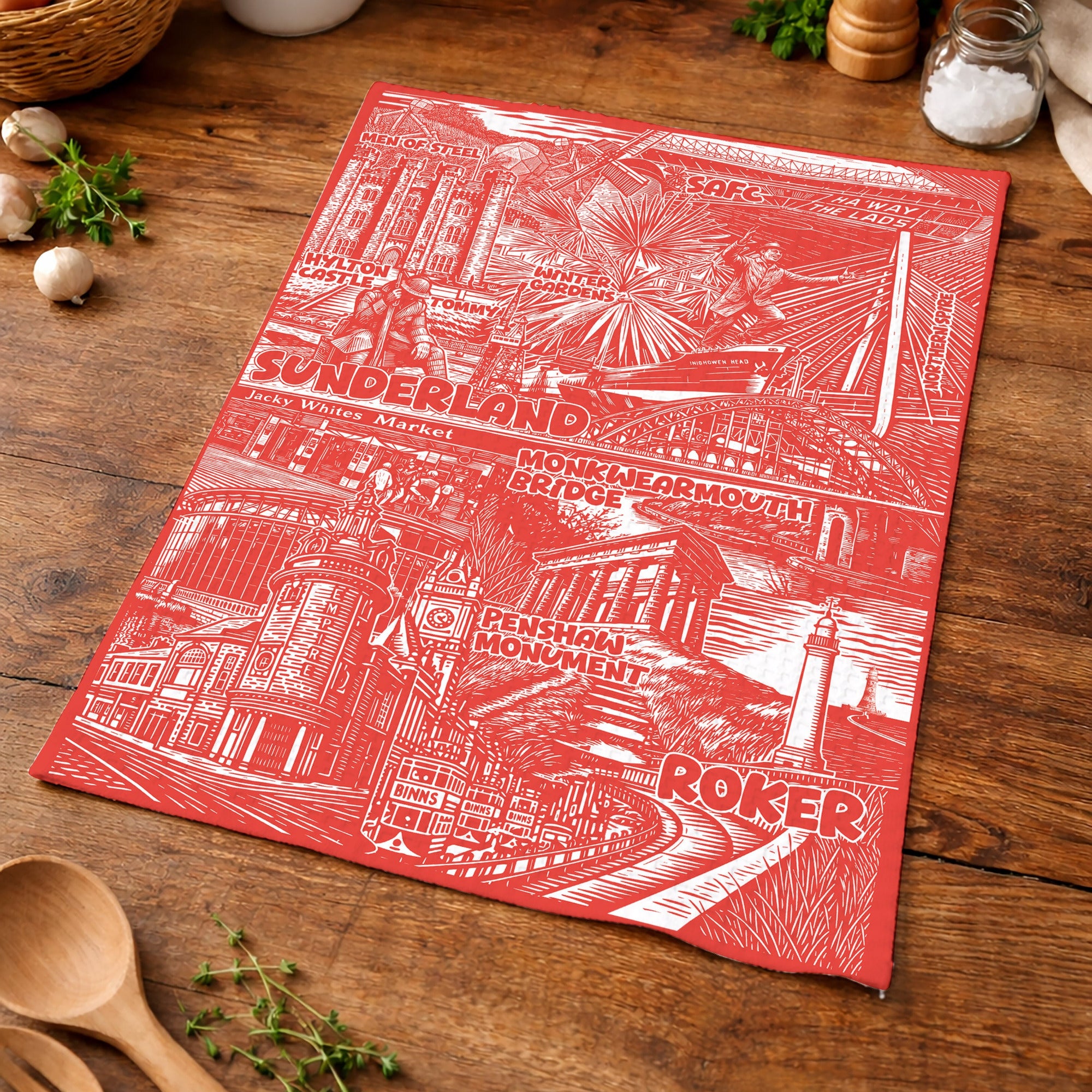 Red and white patterned fabric on a wooden surface