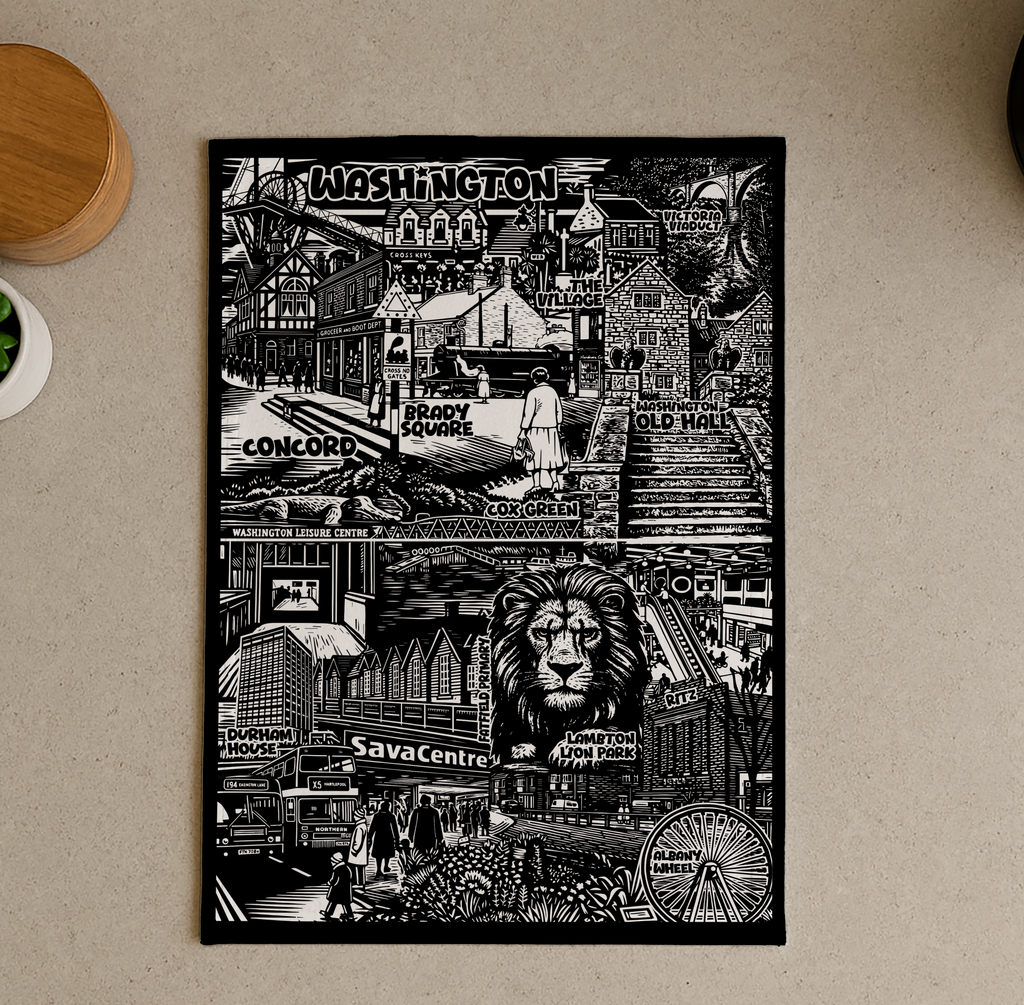 Black and white decorative towel with illustrations for kitchen