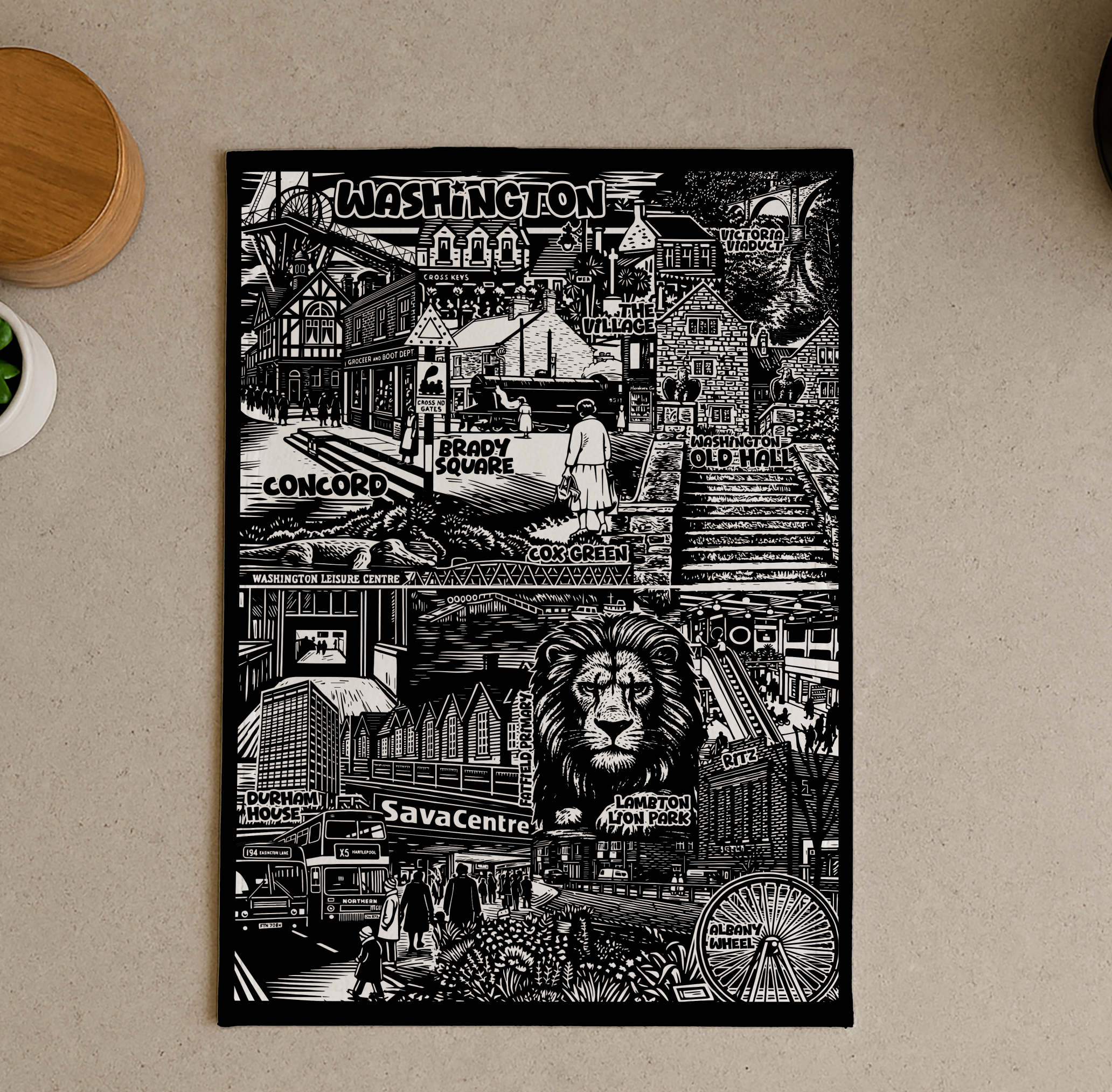 Black and white decorative towel with illustrations for kitchen