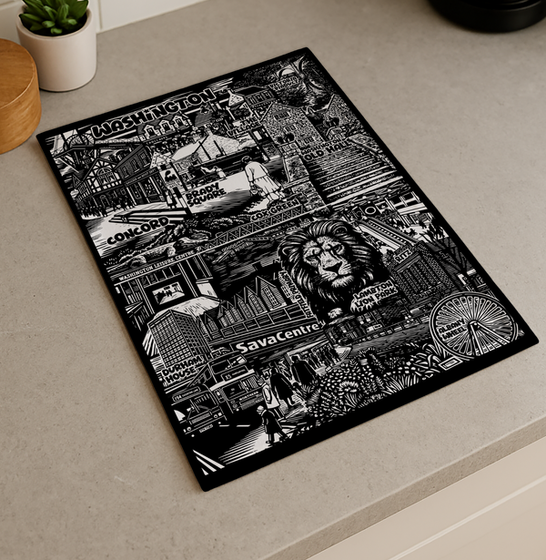Black and white decorative towel with illustrations for kitchen