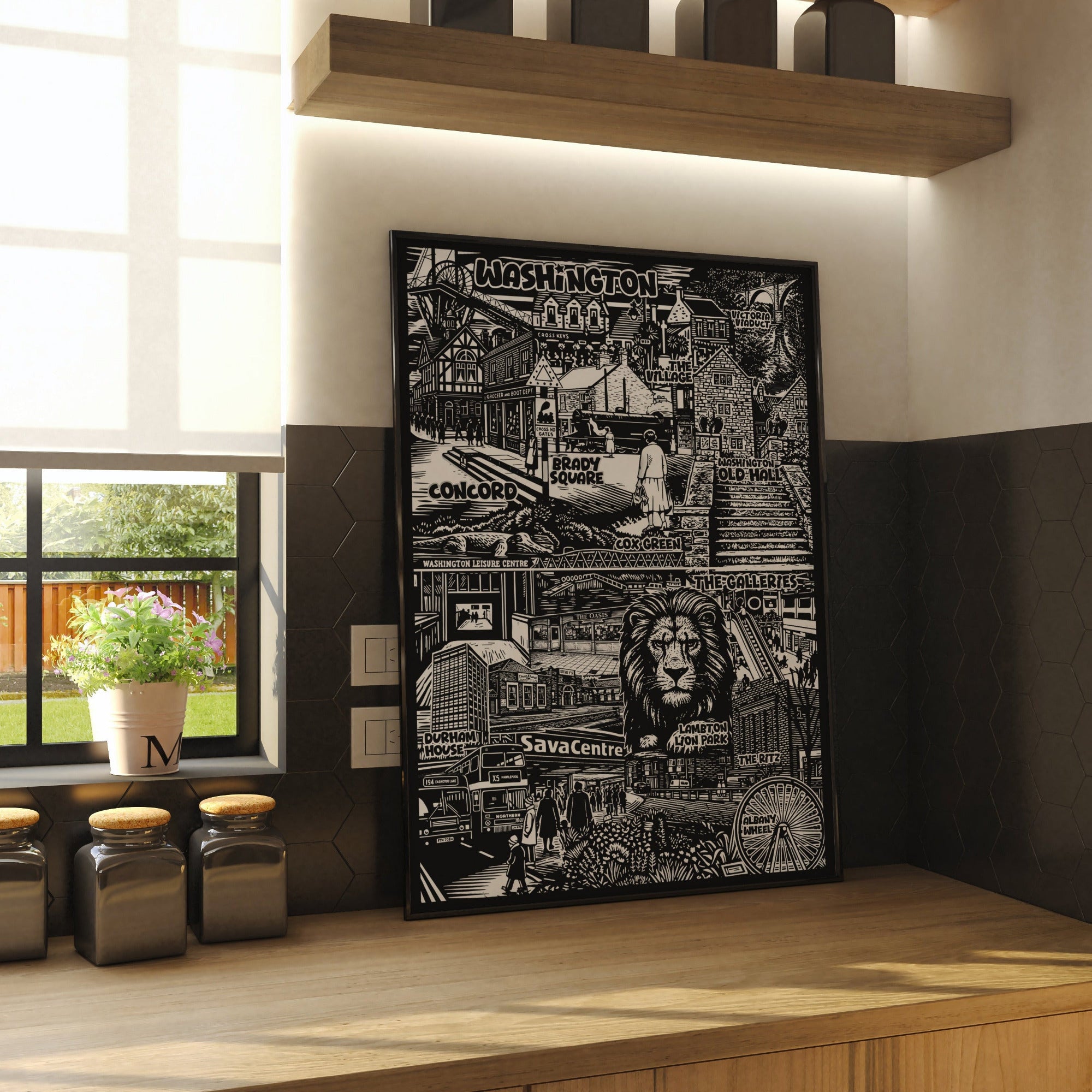 Kitchen interior with a decorative black and white wall art piece.