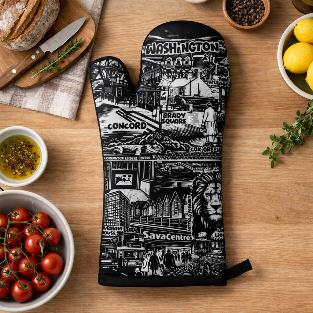 black and white illustrated oven mitt in kitchen scene